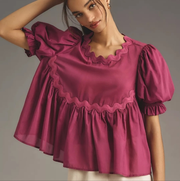 Anthropologie Mare Mare Short Sleeve Ric Rac Silk Babydoll Top XS - Picture 1 of 6